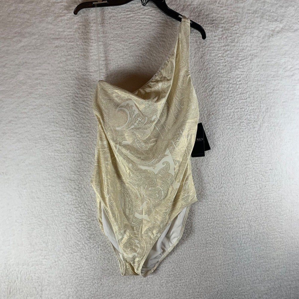 Ralph Lauren Women's Luxury Paisley Gold Asymmetric One-Piece Swimsuit Sz 12 NWT